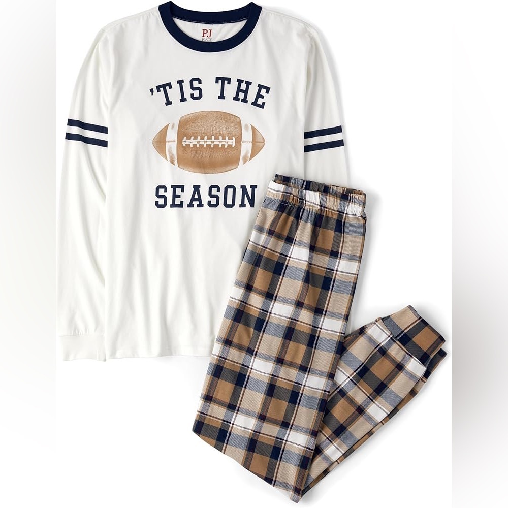 Kid’s Football Cotton Pajama Set Cream and Navy